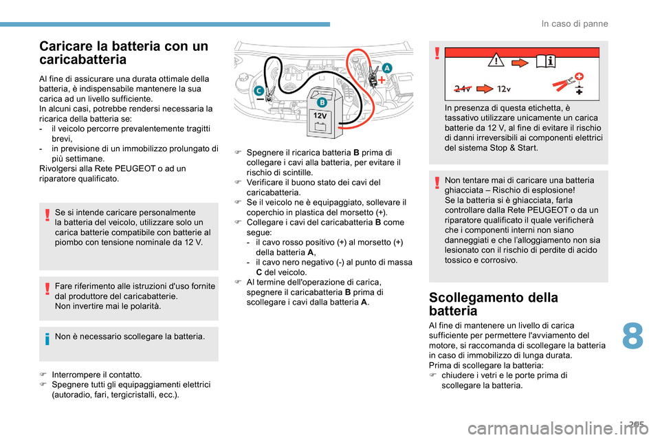 Peugeot Partner 2019  Manuale del proprietario (in Italian) 205
Caricare la batteria con un 
caricabatteria
Al fine di assicurare una durata ottimale della 
batteria, è indispensabile mantenere la sua 
carica ad un livello sufficiente.
In alcuni casi, potrebb