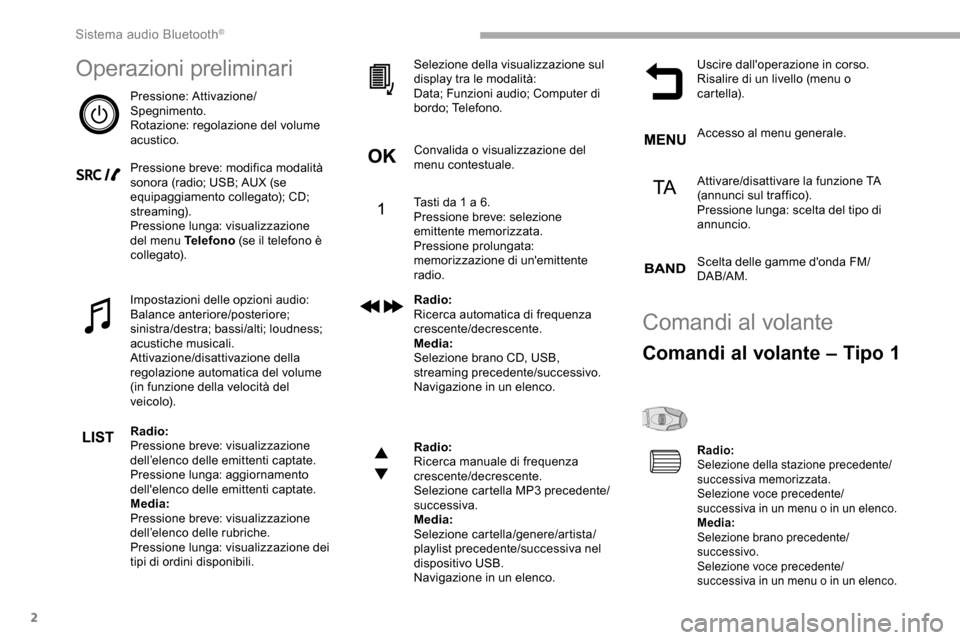 Peugeot Partner 2019 Manuale del proprietario (in Italian) 2
Operazioni preliminari
Pressione: Attivazione/
Spegnimento.
Rotazione: regolazione del volume
acustico.
Pressione breve: modifica modalità
sonora (radio; USB; AUX (se
equipaggiamento collegato); Peugeot Partner 2019 Manuale del proprietario (in Italian) 2
Operazioni preliminari
Pressione: Attivazione/
Spegnimento.
Rotazione: regolazione del volume
acustico.
Pressione breve: modifica modalità
sonora (radio; USB; AUX (se
equipaggiamento collegato);