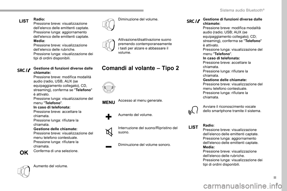 Peugeot Partner 2019 Manuale del proprietario (in Italian) 3
Radio:
Pressione breve: visualizzazione
dell’elenco delle emittenti captate.
Pressione lunga: aggiornamento
dellelenco delle emittenti captate.
Media:
Pressione breve: visualizzazione
dell’e Peugeot Partner 2019 Manuale del proprietario (in Italian) 3
Radio:
Pressione breve: visualizzazione
dell’elenco delle emittenti captate.
Pressione lunga: aggiornamento
dellelenco delle emittenti captate.
Media:
Pressione breve: visualizzazione
dell’e