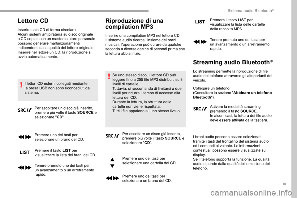 Peugeot Partner 2019 Manuale del proprietario (in Italian) 9
Lettore CD
Inserire solo CD di forma circolare.
Alcuni sistemi antipirateria su disco originale
o CD copiati con un masterizzatore personale
possono generare malfunzionamenti
indipendenti dalla q Peugeot Partner 2019 Manuale del proprietario (in Italian) 9
Lettore CD
Inserire solo CD di forma circolare.
Alcuni sistemi antipirateria su disco originale
o CD copiati con un masterizzatore personale
possono generare malfunzionamenti
indipendenti dalla q
