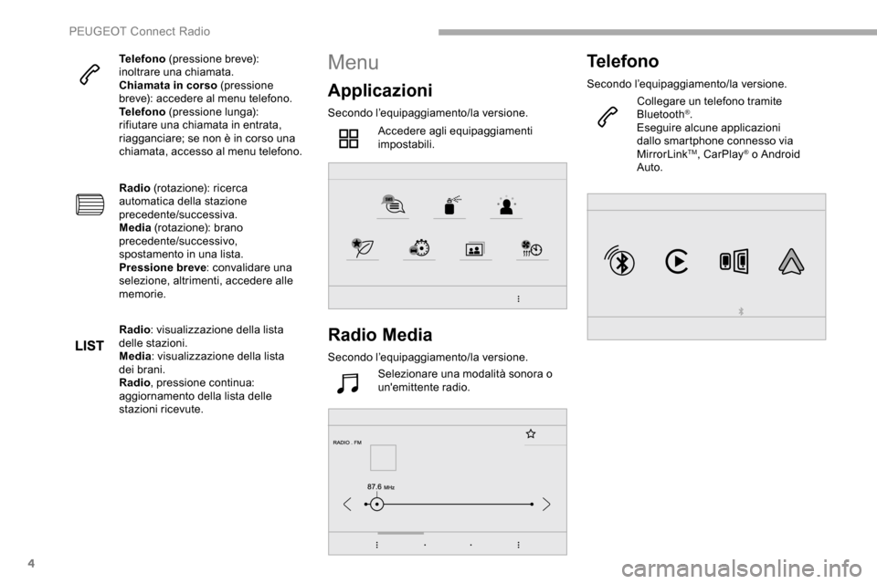 Peugeot Partner 2019 Manuale del proprietario (in Italian) 4
Telefono (pressione breve):
inoltrare una chiamata.
Chiamata in corso (pressione
breve): accedere al menu telefono.
Telefono (pressione lunga):
rifiutare una chiamata in entrata,
riagganciare; Peugeot Partner 2019 Manuale del proprietario (in Italian) 4
Telefono (pressione breve):
inoltrare una chiamata.
Chiamata in corso (pressione
breve): accedere al menu telefono.
Telefono (pressione lunga):
rifiutare una chiamata in entrata,
riagganciare;
