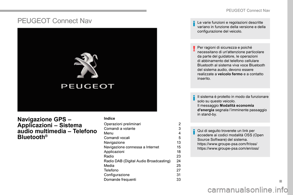 Peugeot Partner 2019 Manuale del proprietario (in Italian) 1
PEUGEOT Connect Nav
Navigazione GPS –
Applicazioni – Sistema
audio multimedia – Telefono
Bluetooth
®
Indice
Operazioni preliminari
2
C
omandi a volante
3
M
enu 4
Comandi vocali
5
Peugeot Partner 2019 Manuale del proprietario (in Italian) 1
PEUGEOT Connect Nav
Navigazione GPS –
Applicazioni – Sistema
audio multimedia – Telefono
Bluetooth
®
Indice
Operazioni preliminari
2
C
omandi a volante
3
M
enu 4
Comandi vocali
5