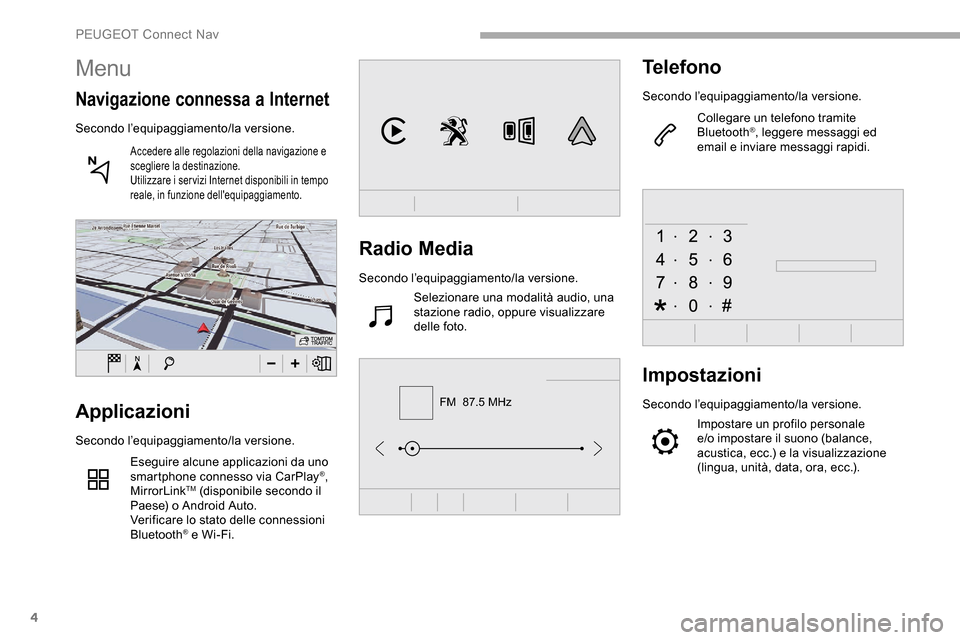 Peugeot Partner 2019 Manuale del proprietario (in Italian) 4
FM 87.5 MHz
Radio Media
Secondo l’equipaggiamento/la versione.Selezionare una modalità audio, una
stazione radio, oppure visualizzare
delle foto.
Telefono
Secondo l’equipaggiamento/la versio Peugeot Partner 2019 Manuale del proprietario (in Italian) 4
FM 87.5 MHz
Radio Media
Secondo l’equipaggiamento/la versione.Selezionare una modalità audio, una
stazione radio, oppure visualizzare
delle foto.
Telefono
Secondo l’equipaggiamento/la versio