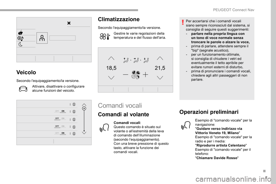 Peugeot Partner 2019 Manuale del proprietario (in Italian) 5
21,518,5Veicolo
Secondo l’equipaggiamento/la versione.Attivare, disattivare o configurare
alcune funzioni del veicolo.
Climatizzazione
Secondo l’equipaggiamento/la versione.Gestire le varie reg Peugeot Partner 2019 Manuale del proprietario (in Italian) 5
21,518,5Veicolo
Secondo l’equipaggiamento/la versione.Attivare, disattivare o configurare
alcune funzioni del veicolo.
Climatizzazione
Secondo l’equipaggiamento/la versione.Gestire le varie reg