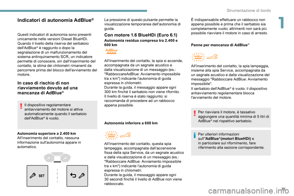 Peugeot Partner 2019 Manuale del proprietario (in Italian) 31
Questi indicatori di autonomia sono presenti
unicamente nelle versioni Diesel BlueHDi.
Quando il livello della riser va del serbatoio
dellAdBlue
® è raggiunto o dopo la
segnalazione di un mal Peugeot Partner 2019 Manuale del proprietario (in Italian) 31
Questi indicatori di autonomia sono presenti
unicamente nelle versioni Diesel BlueHDi.
Quando il livello della riser va del serbatoio
dellAdBlue
® è raggiunto o dopo la
segnalazione di un mal