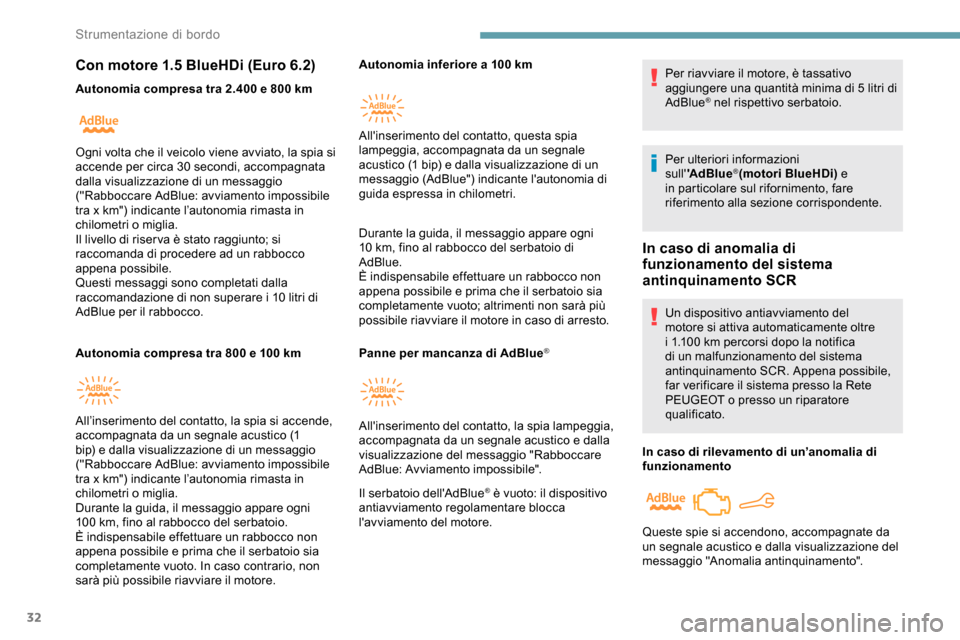 Peugeot Partner 2019 Manuale del proprietario (in Italian) 32
Con motore 1.5 BlueHDi (Euro 6.2)
Autonomia compresa tra 2.400 e 800 km
A utonomia compresa tra 800 e 100 kmAutonomia inferiore a 100
km
Durante la guida, il messaggio appare ogni
10 km, fi Peugeot Partner 2019 Manuale del proprietario (in Italian) 32
Con motore 1.5 BlueHDi (Euro 6.2)
Autonomia compresa tra 2.400 e 800 km
A utonomia compresa tra 800 e 100 kmAutonomia inferiore a 100
km
Durante la guida, il messaggio appare ogni
10 km, fi