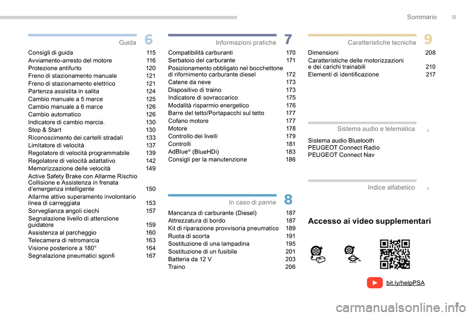 Peugeot Partner 2019  Manuale del proprietario (in Italian) 3
bit.ly/helpPSA
.
.
Consigli di guida 115
Avviamento-arresto del motore 1 16
Protezione antifurto
 1

20
Freno di stazionamento manuale
 1

21
Freno di stazionamento elettrico
 
1
 21
Partenza assist