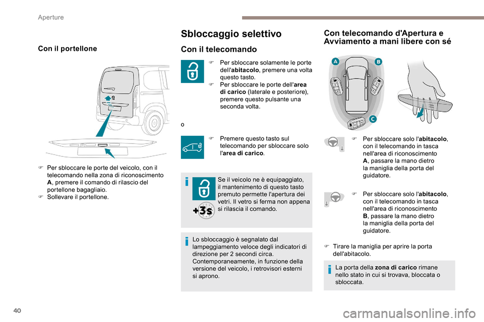 Peugeot Partner 2019 Manuale del proprietario (in Italian) 40
Sbloccaggio selettivo
Con il telecomando
F Per sbloccare solamente le porte dellabitacolo , premere una volta
questo tasto.
F
Pe
r sbloccare le porte dell area
di carico (laterale e posterio Peugeot Partner 2019 Manuale del proprietario (in Italian) 40
Sbloccaggio selettivo
Con il telecomando
F Per sbloccare solamente le porte dellabitacolo , premere una volta
questo tasto.
F
Pe
r sbloccare le porte dell area
di carico (laterale e posterio