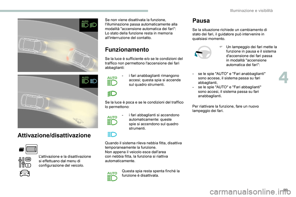 Peugeot Partner 2019  Manuale del proprietario (in Italian) 89
Attivazione/disattivazione
Lattivazione e la disattivazione 
si effettuano dal menu di 
configurazione del veicolo.Se non viene disattivata la funzione, 
lilluminazione passa automaticamente alla