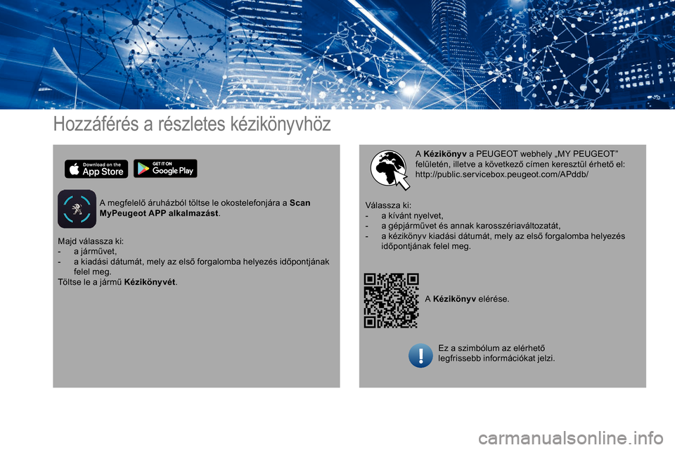 Peugeot Partner 2019  Kezelési útmutató (in Hungarian) Hozzáférés a részletes kézikönyvhöz
A megfelelő áruházból töltse le okostelefonjára a Scan 
MyPeugeot APP alkalmazást.
A Kézikönyv elérése.
A Kézikönyv
 a PEUGEOT webhely „MY PEU