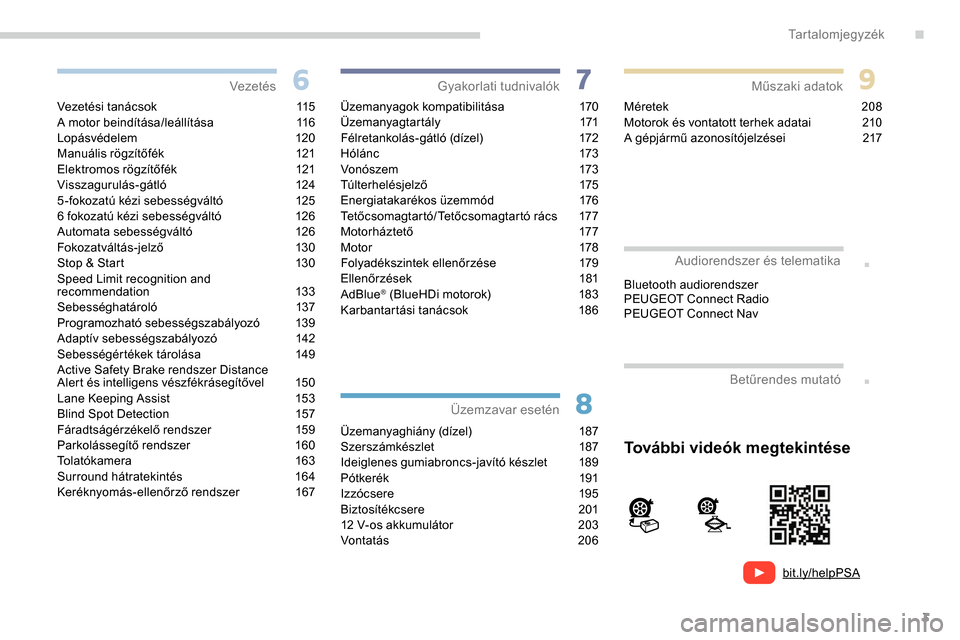 Peugeot Partner 2019  Kezelési útmutató (in Hungarian) 3
bit.ly/helpPSA
.
.
Vezetési tanácsok 115
A motor beindítása/leállítása  1 16
Lopásvédelem
 1

20
Manuális rögzítőfék
 
1
 21
Elektromos rögzítőfék
 
1
 21
Visszagurulás-gátló
 1