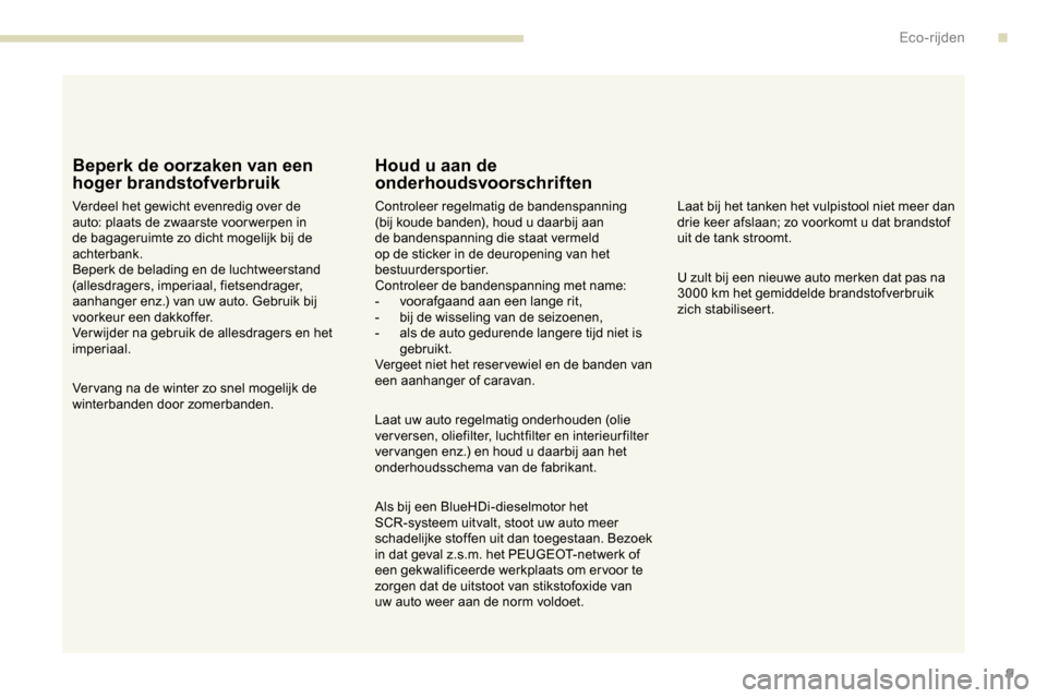 Peugeot Partner 2019 Handleiding (in Dutch) 9
Beperk de oorzaken van een
hoger brandstofverbruik
Verdeel het gewicht evenredig over de
auto: plaats de zwaarste voor werpen in
de bagageruimte zo dicht mogelijk bij de
achterbank.
Beperk de be Peugeot Partner 2019 Handleiding (in Dutch) 9
Beperk de oorzaken van een
hoger brandstofverbruik
Verdeel het gewicht evenredig over de
auto: plaats de zwaarste voor werpen in
de bagageruimte zo dicht mogelijk bij de
achterbank.
Beperk de be