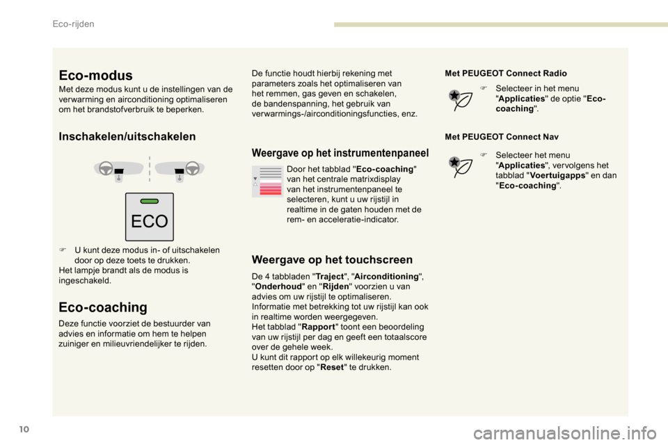 Peugeot Partner 2019 Handleiding (in Dutch) 10
Inschakelen/uitschakelen
F U kunt deze modus in- of uitschakelen door op deze toets te drukken.
Het lampje brandt als de modus is
ingeschakeld.
Eco-coaching
Deze functie voorziet de bestuurder van Peugeot Partner 2019 Handleiding (in Dutch) 10
Inschakelen/uitschakelen
F U kunt deze modus in- of uitschakelen door op deze toets te drukken.
Het lampje brandt als de modus is
ingeschakeld.
Eco-coaching
Deze functie voorziet de bestuurder van