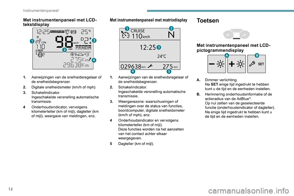 Peugeot Partner 2019 Handleiding (in Dutch) 12
Met instrumentenpaneel met LCD-
tekstdisplay
1.Aanwijzingen van de snelheidsregelaar of
de snelheidsbegrenzer.
2. Digitale snelheidsmeter (km/h of mph).
3. Schakelindicator.
Ingeschakelde versnell Peugeot Partner 2019 Handleiding (in Dutch) 12
Met instrumentenpaneel met LCD-
tekstdisplay
1.Aanwijzingen van de snelheidsregelaar of
de snelheidsbegrenzer.
2. Digitale snelheidsmeter (km/h of mph).
3. Schakelindicator.
Ingeschakelde versnell