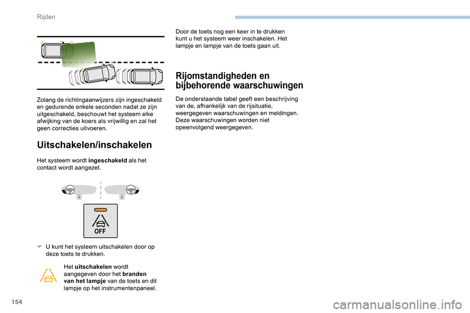 Peugeot Partner 2019 Handleiding (in Dutch) 154
Uitschakelen/inschakelen
Het systeem wordt ingeschakeld als het
contact wordt aangezet.
Rijomstandigheden en
bijbehorende waarschuwingen
De onderstaande tabel geeft een beschrijving
van de, afh Peugeot Partner 2019 Handleiding (in Dutch) 154
Uitschakelen/inschakelen
Het systeem wordt ingeschakeld als het
contact wordt aangezet.
Rijomstandigheden en
bijbehorende waarschuwingen
De onderstaande tabel geeft een beschrijving
van de, afh