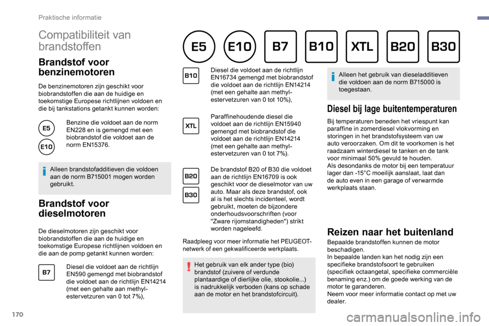 Peugeot Partner 2019 Handleiding (in Dutch) 170
Compatibiliteit van
brandstoffen
Brandstof voor
benzinemotoren
De benzinemotoren zijn geschikt voor
biobrandstoffen die aan de huidige en
toekomstige Europese richtlijnen voldoen en
die bij Peugeot Partner 2019 Handleiding (in Dutch) 170
Compatibiliteit van
brandstoffen
Brandstof voor
benzinemotoren
De benzinemotoren zijn geschikt voor
biobrandstoffen die aan de huidige en
toekomstige Europese richtlijnen voldoen en
die bij
