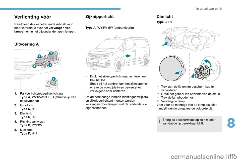 Peugeot Partner 2019 Handleiding (in Dutch) 197
Verlichting vóór
Raadpleeg de desbetreffende rubriek voor
meer informatie over het vervangen van
lampen en in het bijzonder de typen lampen.
Uitvoering A Zijknipperlicht
Ty p e A
, W Y5W-5W ( Peugeot Partner 2019 Handleiding (in Dutch) 197
Verlichting vóór
Raadpleeg de desbetreffende rubriek voor
meer informatie over het vervangen van
lampen en in het bijzonder de typen lampen.
Uitvoering A Zijknipperlicht
Ty p e A
, W Y5W-5W (