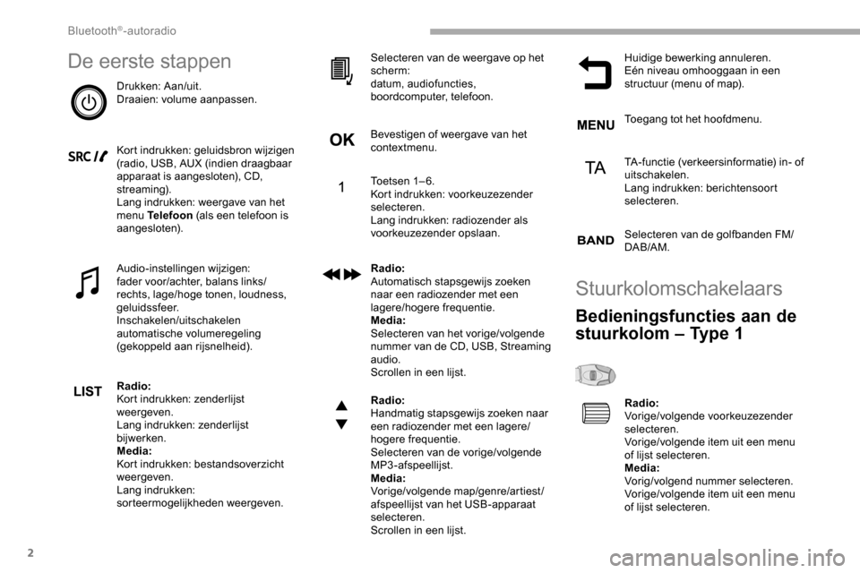 Peugeot Partner 2019  Handleiding (in Dutch) 2
De eerste stappen
Drukken: Aan/uit.
Draaien: volume aanpassen.
Kort indrukken: geluidsbron wijzigen 
(radio, USB, AUX (indien draagbaar 
apparaat is aangesloten), CD, 
streaming).
Lang indrukken: we
