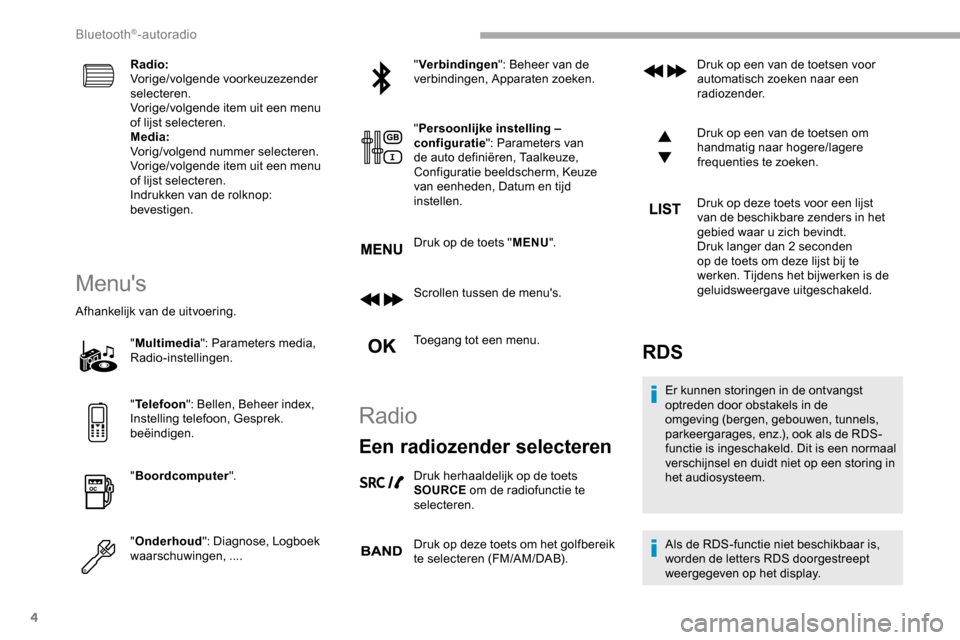 Peugeot Partner 2019 Handleiding (in Dutch) 4
Radio:
Vorige/volgende voorkeuzezender
selecteren.
Vorige/volgende item uit een menu
of lijst selecteren.
Media:
Vorig/volgend nummer selecteren.
Vorige/volgende item uit een menu
of lijst select Peugeot Partner 2019 Handleiding (in Dutch) 4
Radio:
Vorige/volgende voorkeuzezender
selecteren.
Vorige/volgende item uit een menu
of lijst selecteren.
Media:
Vorig/volgend nummer selecteren.
Vorige/volgende item uit een menu
of lijst select