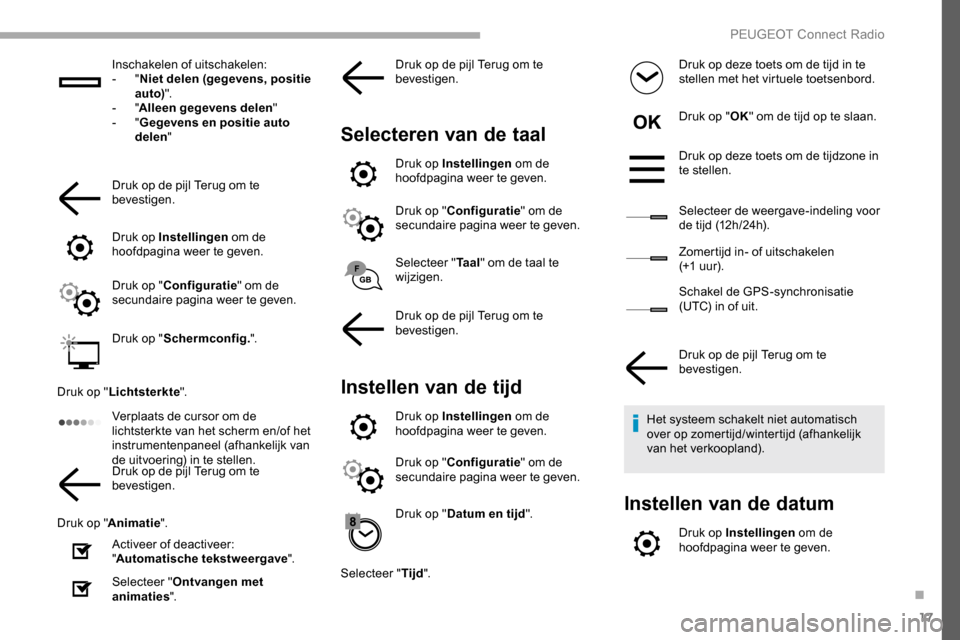 Peugeot Partner 2019 Handleiding (in Dutch) 17
Inschakelen of uitschakelen:
- "Niet delen (gegevens, positie
auto) ".
-
"Alleen gegevens delen "
-
"Gegevens en positie auto
delen "
Druk op de pijl Terug om te
bevestigen.
Druk op Instell Peugeot Partner 2019 Handleiding (in Dutch) 17
Inschakelen of uitschakelen:
- "Niet delen (gegevens, positie
auto) ".
-
"Alleen gegevens delen "
-
"Gegevens en positie auto
delen "
Druk op de pijl Terug om te
bevestigen.
Druk op Instell