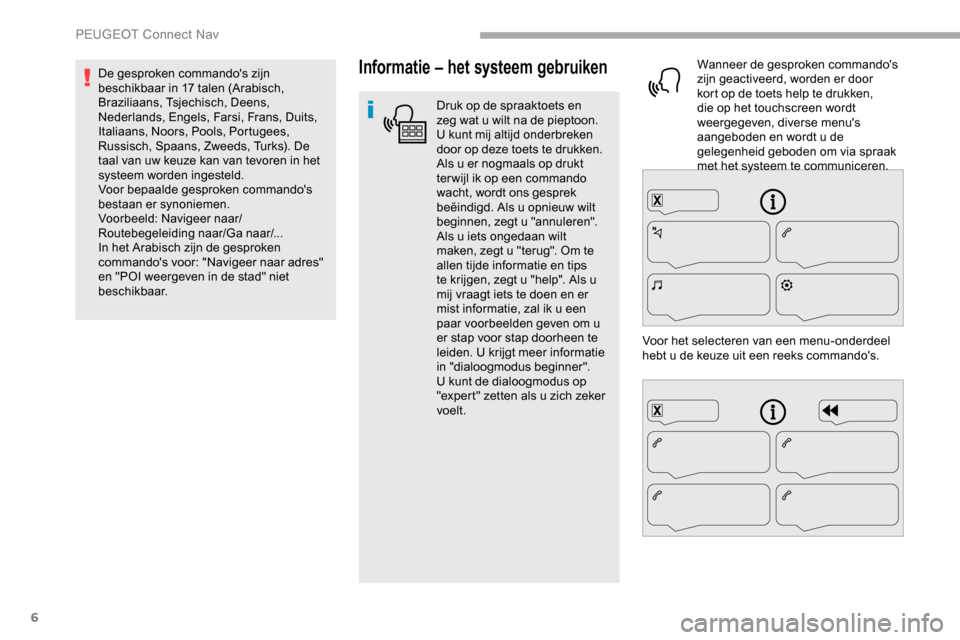 Peugeot Partner 2019 Handleiding (in Dutch) 6
Informatie – het systeem gebruiken
Druk op de spraaktoets en
zeg wat u wilt na de pieptoon.
U kunt mij altijd onderbreken
door op deze toets te drukken.
Als u er nogmaals op drukt
ter wijl ik Peugeot Partner 2019 Handleiding (in Dutch) 6
Informatie – het systeem gebruiken
Druk op de spraaktoets en
zeg wat u wilt na de pieptoon.
U kunt mij altijd onderbreken
door op deze toets te drukken.
Als u er nogmaals op drukt
ter wijl ik