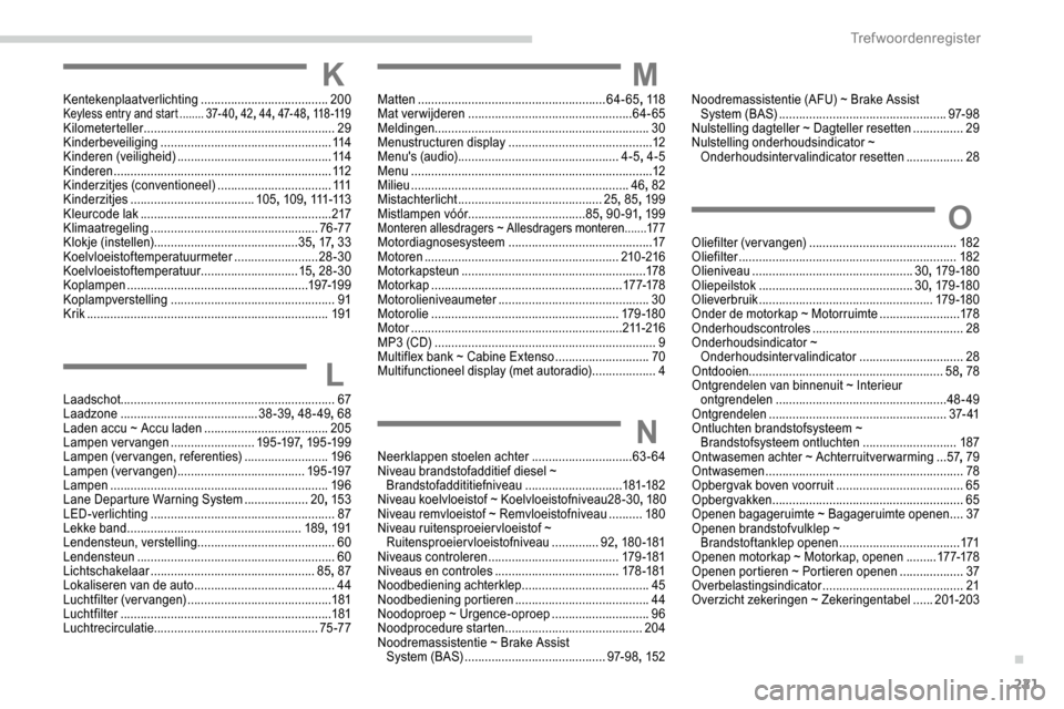 Peugeot Partner 2019  Handleiding (in Dutch) 221
KKentekenplaatverlichting ......................................200Keyless entry and start ........3 7- 4 0, 42, 44 , 47- 4 8 , 11 8 -11 9Kilometerteller  .........................................