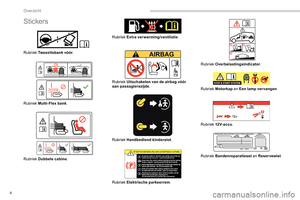 Peugeot Partner 2019  Handleiding (in Dutch) 4
Stickers
Rubriek Tweezitsbank vóór.
Rubriek Multi-Flex bank .
Rubriek Dubbele cabine . Rubriek Extra verwarming/ventilatie
.
Rubriek Uitschakelen van de airbag vóór 
aan passagierszijde .
Rubrie