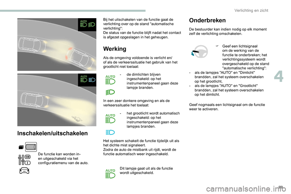 Peugeot Partner 2019 Handleiding (in Dutch) 89
Inschakelen/uitschakelen
De functie kan worden in-
en uitgeschakeld via het
configuratiemenu van de auto.Bij het uitschakelen van de functie gaat de
verlichting over op de stand "automatische
v Peugeot Partner 2019 Handleiding (in Dutch) 89
Inschakelen/uitschakelen
De functie kan worden in-
en uitgeschakeld via het
configuratiemenu van de auto.Bij het uitschakelen van de functie gaat de
verlichting over op de stand "automatische
v