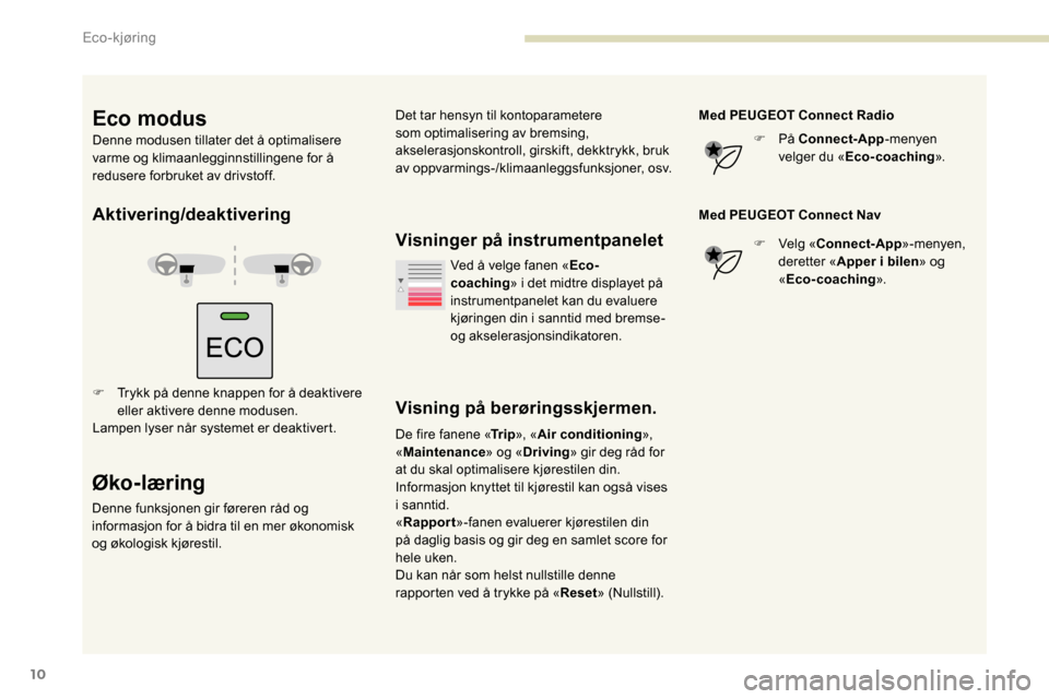 Peugeot Partner 2019 Brukerhåndbok (in Norwegian) 10
Aktivering/deaktivering
F Trykk på denne knappen for å deaktivere eller aktivere denne modusen.
Lampen lyser når systemet er deaktivert.
Øko- læring
Denne funksjonen gir føreren råd og
info Peugeot Partner 2019 Brukerhåndbok (in Norwegian) 10
Aktivering/deaktivering
F Trykk på denne knappen for å deaktivere eller aktivere denne modusen.
Lampen lyser når systemet er deaktivert.
Øko- læring
Denne funksjonen gir føreren råd og
info