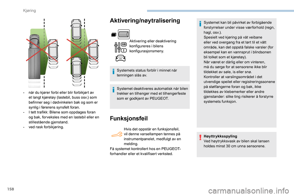 Peugeot Partner 2019  Brukerhåndbok (in Norwegian) 158
Aktivering/nøytralisering
Aktivering eller deaktivering 
konfigureres i bilens 
konfigurasjonsmeny.
Systemets status forblir i minnet når 
tenningen slås av.
Systemet deaktiveres automatisk nå