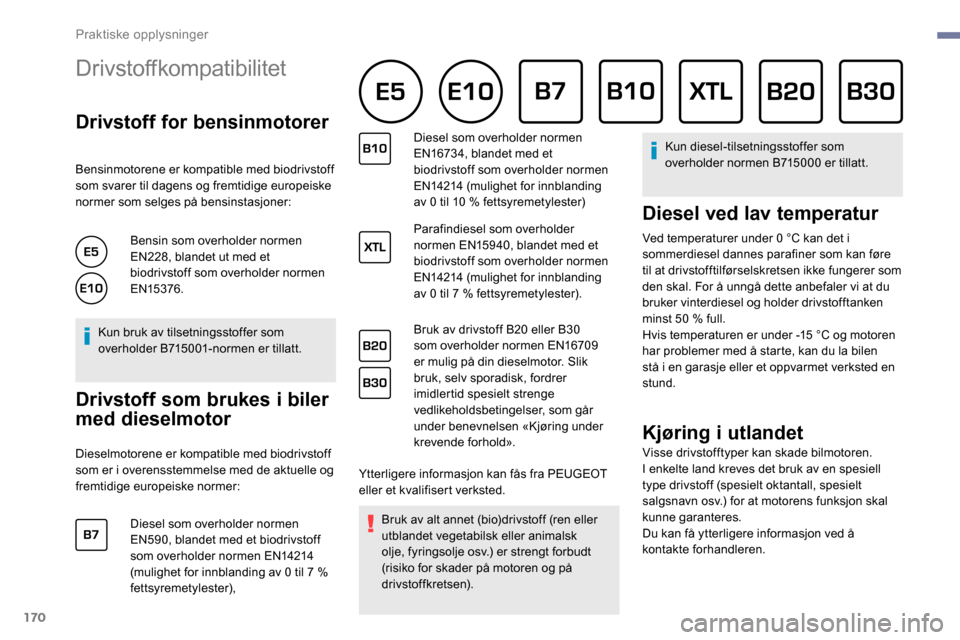 Peugeot Partner 2019 Brukerhåndbok (in Norwegian) 170
Drivstoffkompatibilitet
Drivstoff for bensinmotorer
Bensinmotorene er kompatible med biodrivstoff
som svarer til dagens og fremtidige europeiske
normer som selges på bensinstasjoner:Bensin som Peugeot Partner 2019 Brukerhåndbok (in Norwegian) 170
Drivstoffkompatibilitet
Drivstoff for bensinmotorer
Bensinmotorene er kompatible med biodrivstoff
som svarer til dagens og fremtidige europeiske
normer som selges på bensinstasjoner:Bensin som