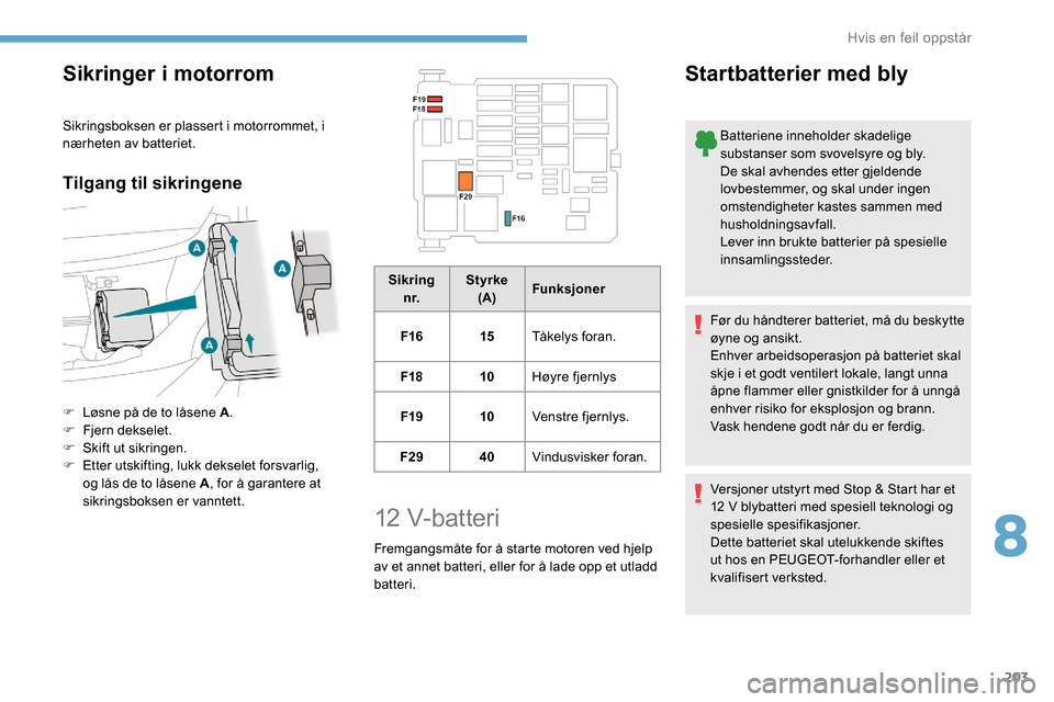 Peugeot Partner 2019  Brukerhåndbok (in Norwegian) 203
Sikringer i motorrom
Sikringsboksen er plassert i motorrommet, i 
nærheten av batteriet.
Tilgang til sikringene
F Løsne på de to låsene A.
F  F jern dekselet.
F
 
Sk
 ift ut sikringen.
F
 
E
 