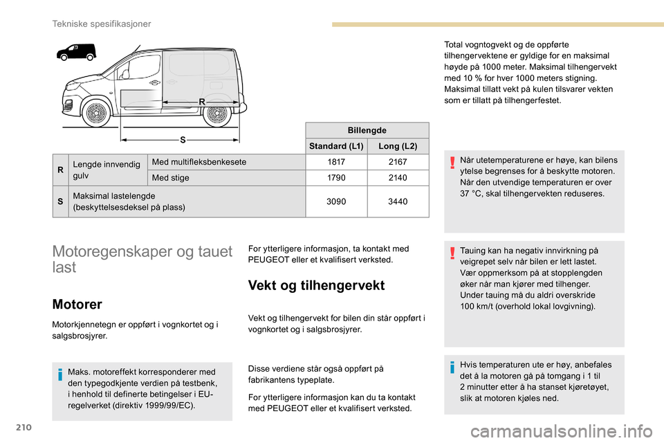 Peugeot Partner 2019  Brukerhåndbok (in Norwegian) 210
Billengde
Standard (L1) Long (L2)
R Lengde innvendig 
gulv Med multifleksbenkesete
18172167
Med stige 179 02140
S Maksimal lastelengde
(beskyttelsesdeksel på plass) 3090
3440
Motoregenskaper og t