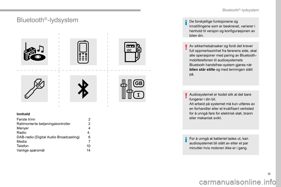 Peugeot Partner 2019 Brukerhåndbok (in Norwegian) 1
Bluetooth®-lydsystem
Innhold
Første trinn
2
Ra
ttmonterte betjeningskontroller
2
M
enyer
4
R
adio 4.
DAB-radio (Digital Audio Broadcasting)
6
M
edia 7
Telefon
10
Vanlige spørsmål Peugeot Partner 2019 Brukerhåndbok (in Norwegian) 1
Bluetooth®-lydsystem
Innhold
Første trinn
2
Ra
ttmonterte betjeningskontroller
2
M
enyer
4
R
adio 4.
DAB-radio (Digital Audio Broadcasting)
6
M
edia 7
Telefon
10
Vanlige spørsmål