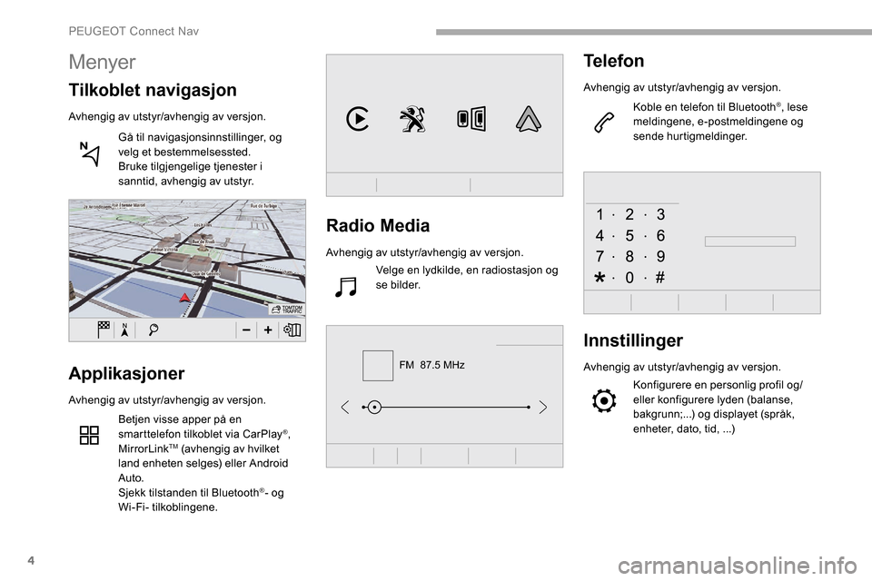 Peugeot Partner 2019  Brukerhåndbok (in Norwegian) 4
FM  87.5 MHz
Radio Media
Avhengig av utstyr/avhengig av versjon.Velge en lydkilde, en radiostasjon og 
se bilder.
Telefon
Avhengig av utstyr/avhengig av versjon.
Koble en telefon til Bluetooth
®, l