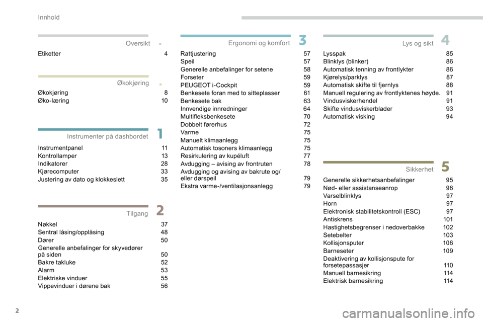 Peugeot Partner 2019  Brukerhåndbok (in Norwegian) 2
.
.
Instrumentpanel 11
Kontrollamper  13
Indikatorer
 2

8
Kjørecomputer
 

33
Justering av dato og klokkeslett
 
3
 5
Nøkkel
 3

7
Sentral låsing/opplåsing
 4

8
Dører
  50
Generelle anbefalin