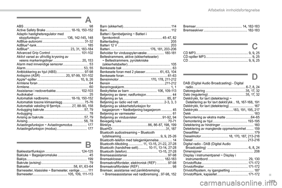 Peugeot Partner 2019  Brukerhåndbok (in Norwegian) 219
AABS .........................................................................98
Active Safety Brake ............................ 18 -19, 15 0 -152
Adaptiv hastighetsregulator med  stoppfunksjon
 