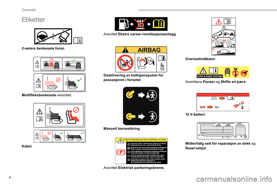 Peugeot Partner 2019  Brukerhåndbok (in Norwegian) 4
Etiketter
2-seters benkesete foran.
Multifleksbenkesete -avsnittet.
Kabin . Avsnittet Ekstra varme-/ventilasjonsanlegg
.
Deaktivering av kollisjonsputen for 
passasjeren i forsetet
Manuell barnesikr