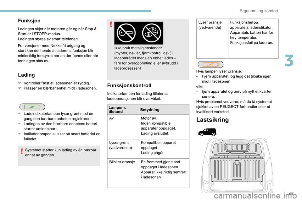 Peugeot Partner 2019 Brukerhåndbok (in Norwegian) 67
Lading
F Kontroller først at ladesonen er ryddig.
F P lasser en bærbar enhet midt i ladesonen.
Systemet støtter kun lading av én bærbar
enhet av gangen.
F
L
adeindikatorlampen lyser grønt Peugeot Partner 2019 Brukerhåndbok (in Norwegian) 67
Lading
F Kontroller først at ladesonen er ryddig.
F P lasser en bærbar enhet midt i ladesonen.
Systemet støtter kun lading av én bærbar
enhet av gangen.
F
L
adeindikatorlampen lyser grønt