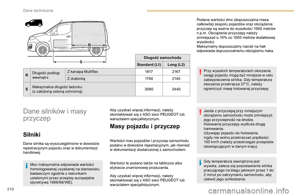 Peugeot Partner 2019  Instrukcja Obsługi (in Polish) 210
Długość samochodu
Standard (L1) Long (L2)
R Długość podłogi 
wewnątrz Z kanapą Multiflex
18172167
Z drabinką 179 02140
S Maksymalna długość ładunku
(z założoną osłoną ochronną)