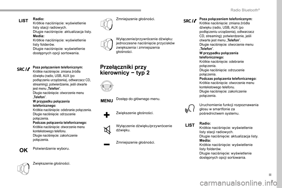 Peugeot Partner 2019  Instrukcja Obsługi (in Polish) 3
Radio:
Krótkie naciśnięcie: wyświetlenie 
listy stacji radiowych.
Długie naciśnięcie: aktualizacja listy.
Media:
Krótkie naciśnięcie: wyświetlenie 
listy folderów.
Długie naciśnięcie: