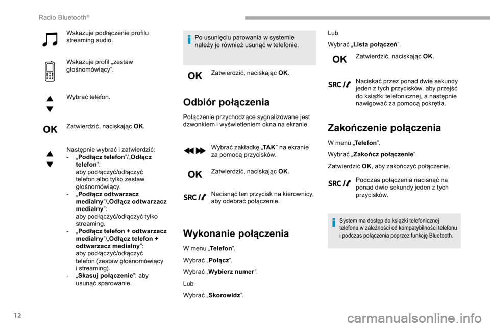 Peugeot Partner 2019  Instrukcja Obsługi (in Polish) 12
Wskazuje podłączenie profilu 
streaming audio.
Wskazuje profil „zestaw 
głośnomówiący”.
Wybrać telefon.
Zatwierdzić, naciskając OK.
Następnie wybrać i  zatwierdzić:
-
 
„ P

odł