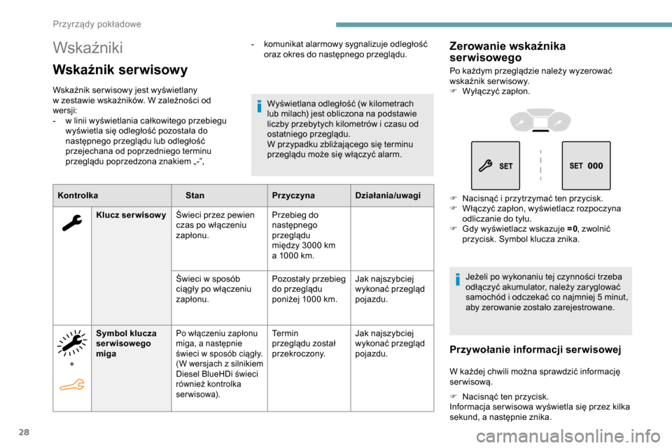 Peugeot Partner 2019  Instrukcja Obsługi (in Polish) 28
Wskaźniki
Wskaźnik serwisowy
Wskaźnik ser wisowy jest wyświetlany 
w  zestawie wskaźników. W zależności od 
wersji:
-
 
w l
 inii wyświetlania całkowitego przebiegu 
wyświetla się odleg