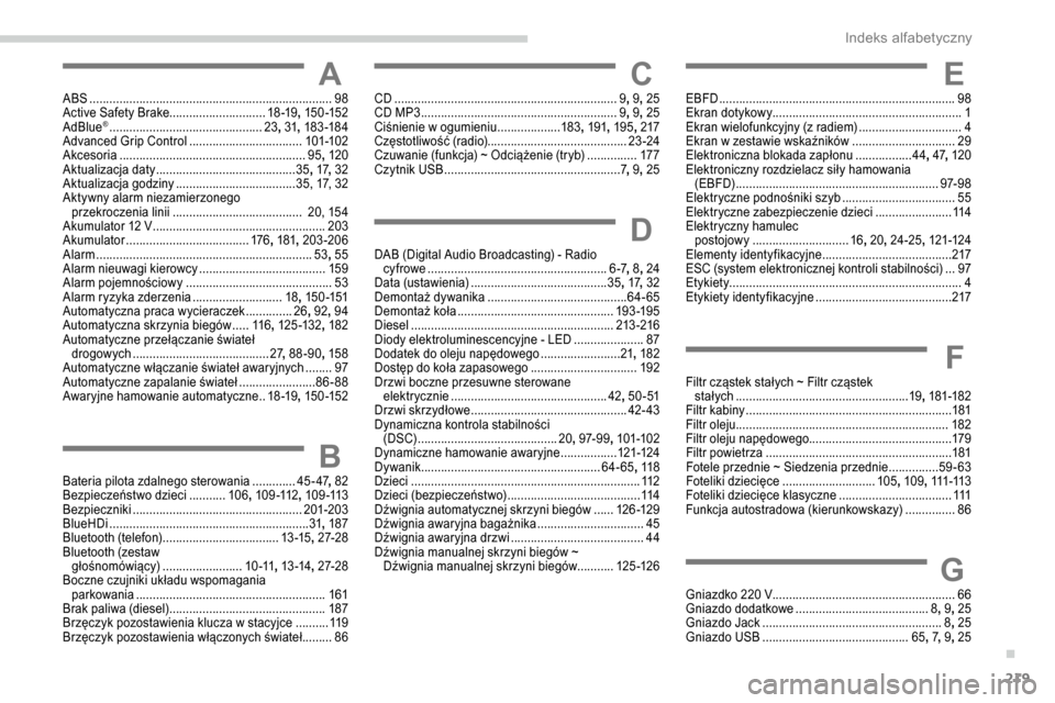 Peugeot Partner 2019  Instrukcja Obsługi (in Polish) 219
AABS .........................................................................98
Active Safety Brake............................. 18 -19, 15 0 -152
AdBlue
® ......................................