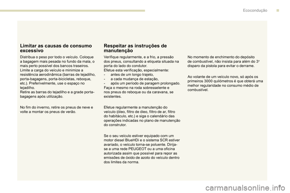 Peugeot Partner 2019  Manual do proprietário (in Portuguese) 9
Limitar as causas de consumo 
excessivo
Distribua o peso por todo o veículo. Coloque 
a bagagem mais pesada no fundo da mala, o 
mais perto possível dos bancos traseiros.
Limite a carga do veícul