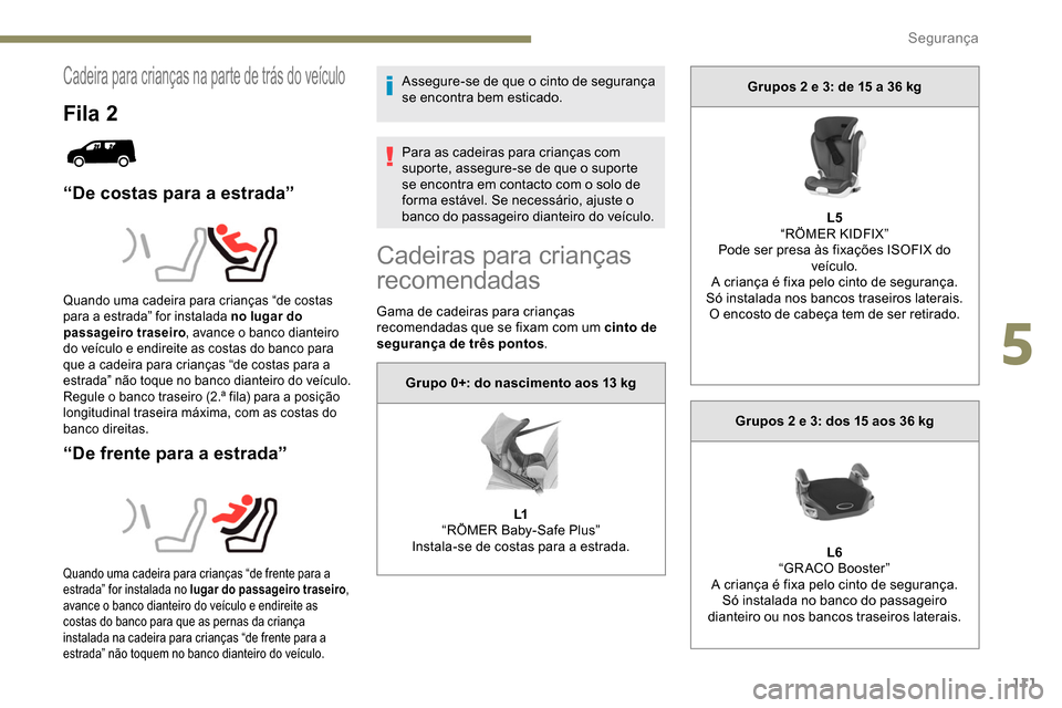 Peugeot Partner 2019  Manual do proprietário (in Portuguese) 111
Cadeira para crianças na parte de trás do veículo
Fila 2
“De costas para a estrada”
“De frente para a estrada”
Assegure-se de que o cinto de segurança 
se encontra bem esticado.
Para a