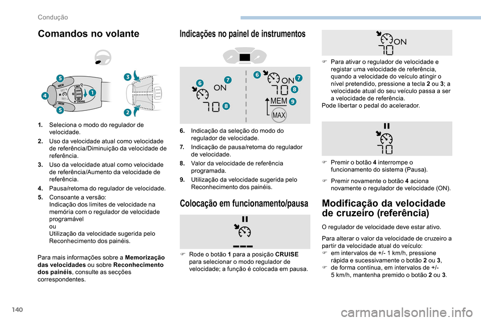 Peugeot Partner 2019 Manual do proprietário (in Portuguese) 140
Comandos no volante
Para mais informações sobre a Memorização
das velocidades ou sobre Reconhecimento
dos painéis , consulte as secções
correspondentes. 1.
Seleciona o modo do regulador Peugeot Partner 2019 Manual do proprietário (in Portuguese) 140
Comandos no volante
Para mais informações sobre a Memorização
das velocidades ou sobre Reconhecimento
dos painéis , consulte as secções
correspondentes. 1.
Seleciona o modo do regulador