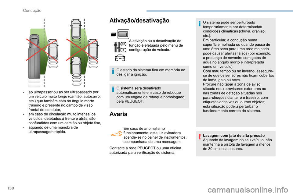 Peugeot Partner 2019  Manual do proprietário (in Portuguese) 158
Ativação/desativação
A ativação ou a desativação da 
função é efetuada pelo menu de 
configuração do veículo.
O estado do sistema fica em memória ao 
desligar a ignição.
O sistema