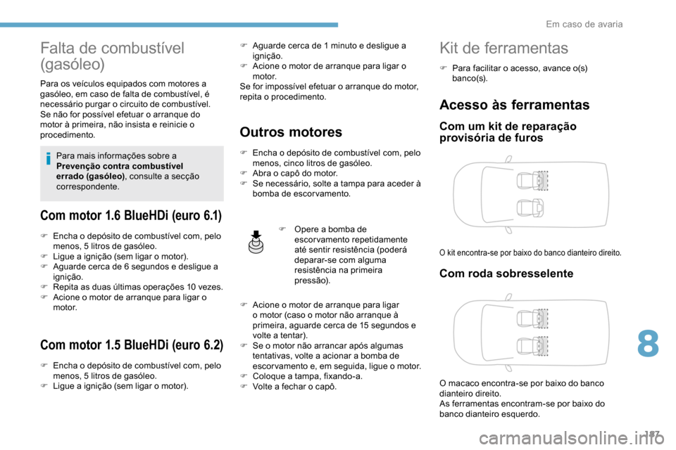 Peugeot Partner 2019  Manual do proprietário (in Portuguese) 187
Falta de combustível 
(gasóleo)
Para os veículos equipados com motores a 
gasóleo, em caso de falta de combustível, é 
necessário purgar o circuito de combustível.
Se não for possível ef