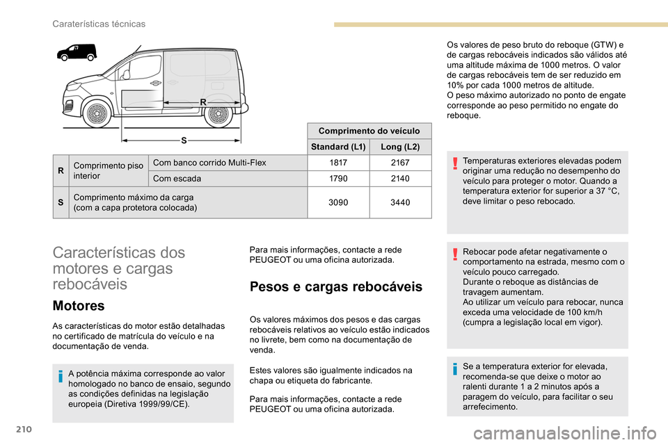 Peugeot Partner 2019 Manual do proprietário (in Portuguese) 210
Comprimento do veículo
Standard (L1) Long (L2)
R Comprimento piso
interior Com banco corrido Multi-Flex
18172167
Com escada 179 02140
S Comprimento máximo da carga
(com a capa protetora colocad Peugeot Partner 2019 Manual do proprietário (in Portuguese) 210
Comprimento do veículo
Standard (L1) Long (L2)
R Comprimento piso
interior Com banco corrido Multi-Flex
18172167
Com escada 179 02140
S Comprimento máximo da carga
(com a capa protetora colocad